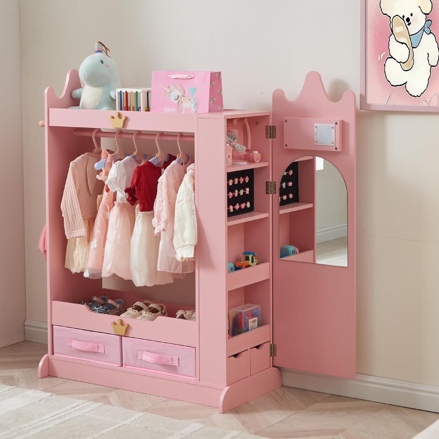 Dress Up Storage, Kids Armoire Closet with Mirror and Shelves, Princess Dress Up Rack for Little Girls, Kids Clothing Rack Wardrobe Closet for Bedroom, Playroom, Girls (Pink)