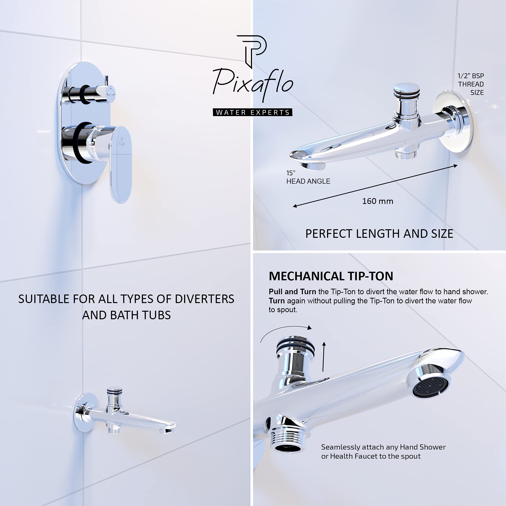 Pixaflo Concorde Brass Bath Tub Diverter Spout with Wall Flange (Tip-Ton) (Chrome) 1