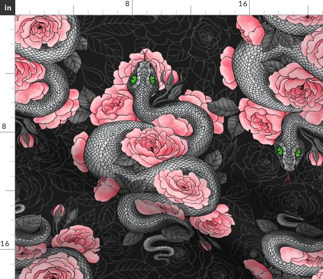 Spoonflower Fabric - Roses Illustration Reptile Tattoo Floral Snake Dark Printed on Petal Signature Cotton Fabric by The Yard - Sewing Quilting Apparel Crafts Decor