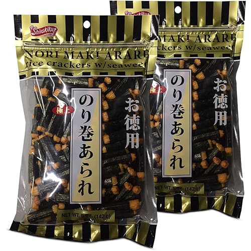 Shirakiku Japanese Nori Maki Arare Rice Crackers with | Glutinous Rice, Soy Sauce, Wheat, and Seaweed | Crispy and Savory Cracker Snacks, Seaweed Flavor, Pack of 2-5oz Each (Total 10oz)