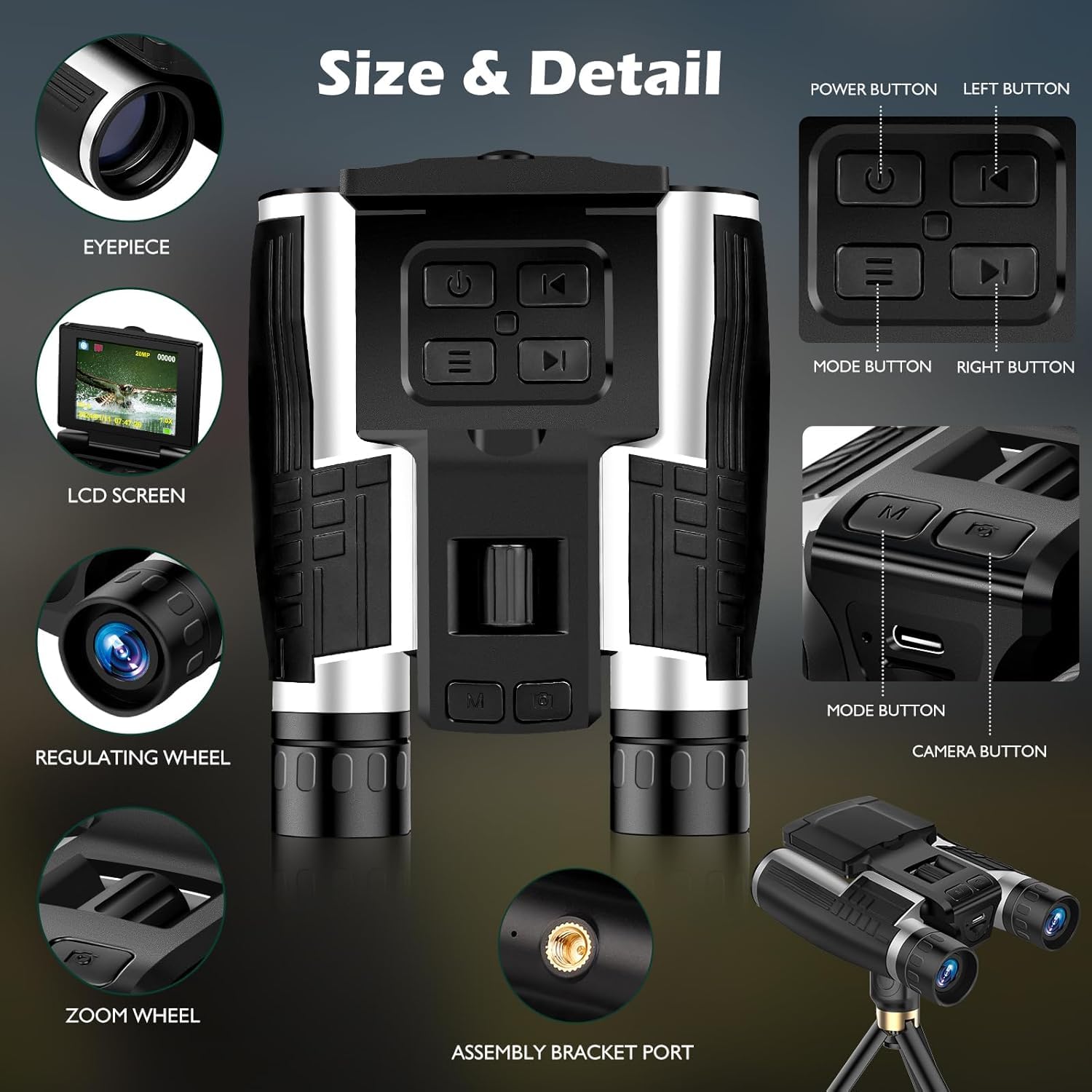 Prismáticos digitales con cámara para adultos, pantalla LCD de 2.4 pulgadas, cámara de 48 MP, videos de 2.5 K, zoom digital de 10X, ideal para conciertos, observación de aves y aventuras al aire libre