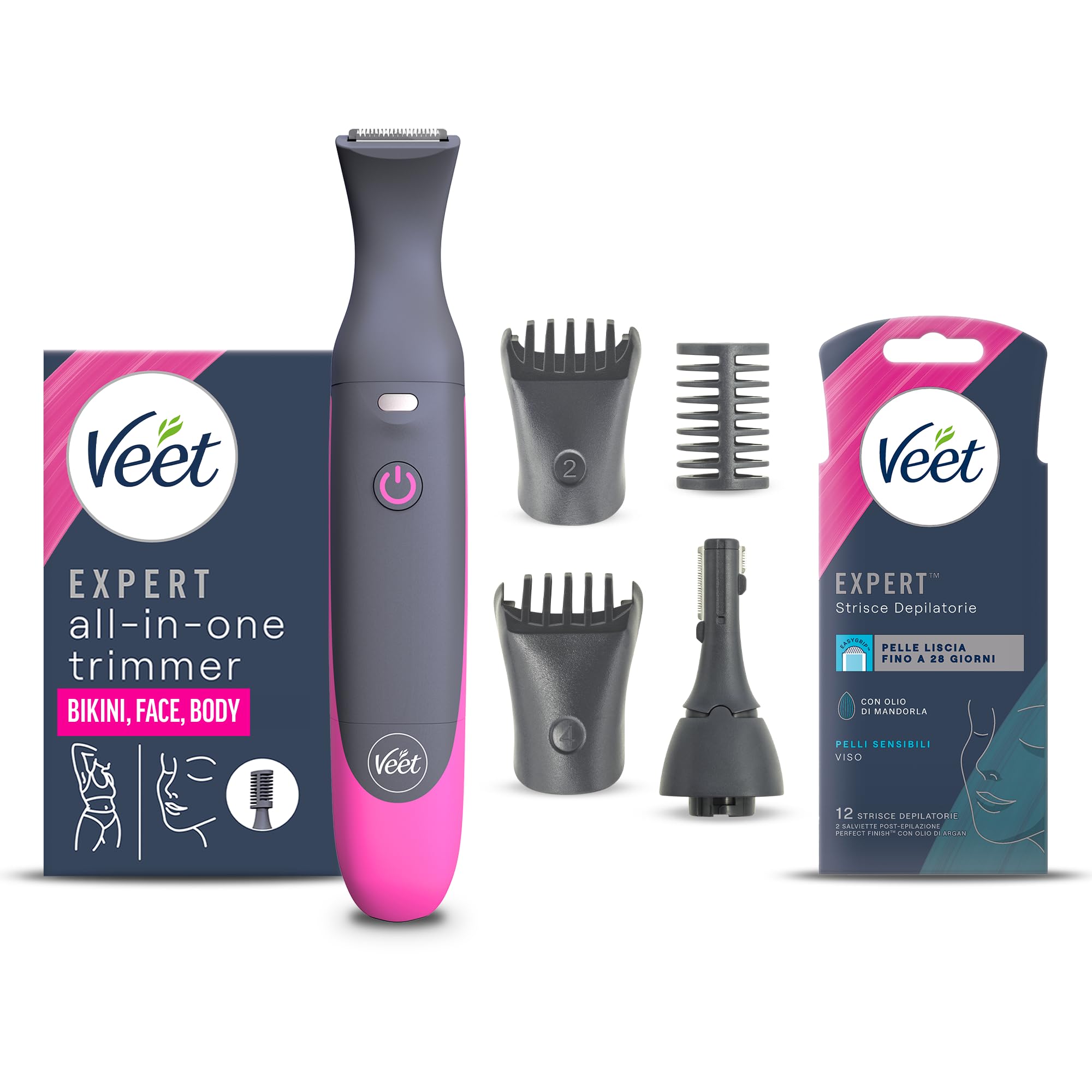 Veet Expert All-In-One Trimmer, Rasoio elettrico donna, Viso e parti intime, 100% waterproof, 2 testine e 3 pettini, Rasatura ad alta precisione, Cordless + Strisce Depilatorie viso Pelli Sensibili