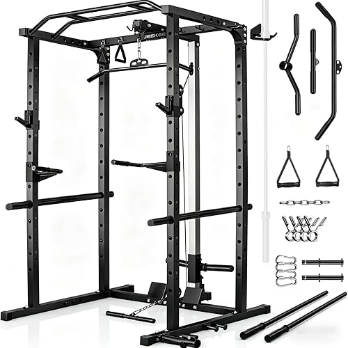 JEEKEE Power Rack with LAT Pulldown, 2000LBS Power Cage with Cable System, Multi-Function Squat Rack with J-Hooks, Safety Bars, Landmine, Pull Up Bar & Attachments for Home Gym Strength Training,Black