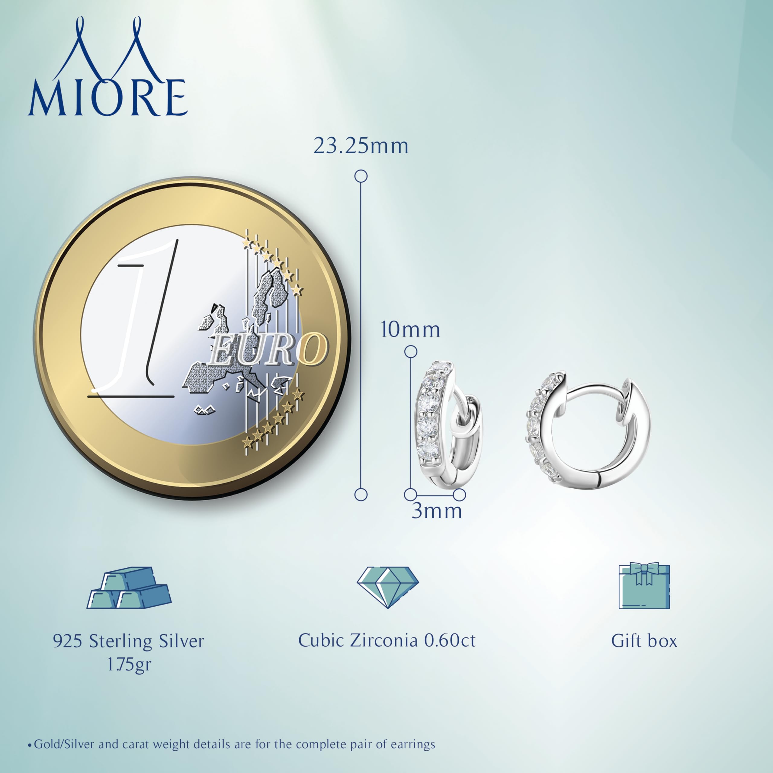 Miore Orecchini Cerchio Donna Piccoli con Zirconi Brillanti in Argento Sterling 925, Orecchini a lobo anallergici con Zirconi. Chiusura con perno passante e scatto.
