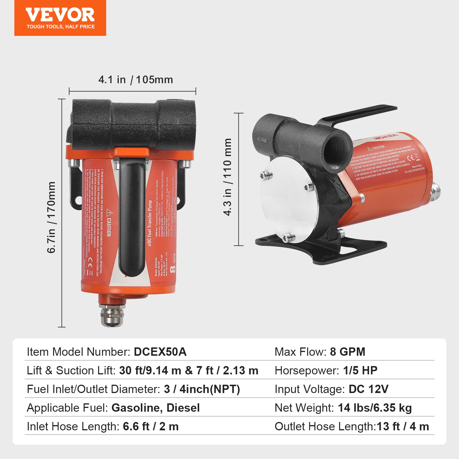 VEVOR Pompa oleju napędowego, 12 V DC, 8 GPM, 1/6 KM, pompa oleju opałowego z automatycznym wyłączeniem pistoletu, pompa przelewowa, długi wąż wlotowy i wylotowy do benzyny, oleju napędowego, nafty