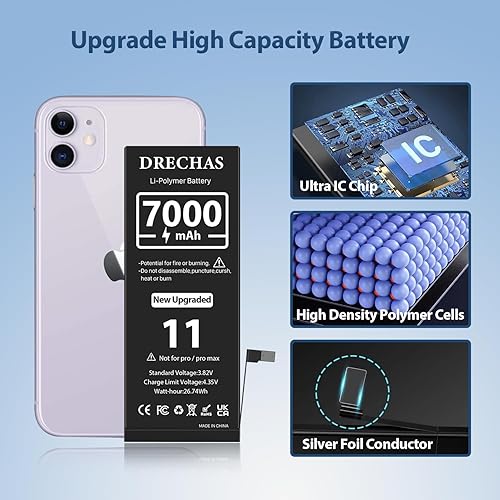 Miniatura 5 de DRECHAS 7000 mAh Batería para iPhone 11, 2023, nueva batería de repuesto de polímero de litio de alta capacidad mejorada de 0 ciclos para iPhone 11