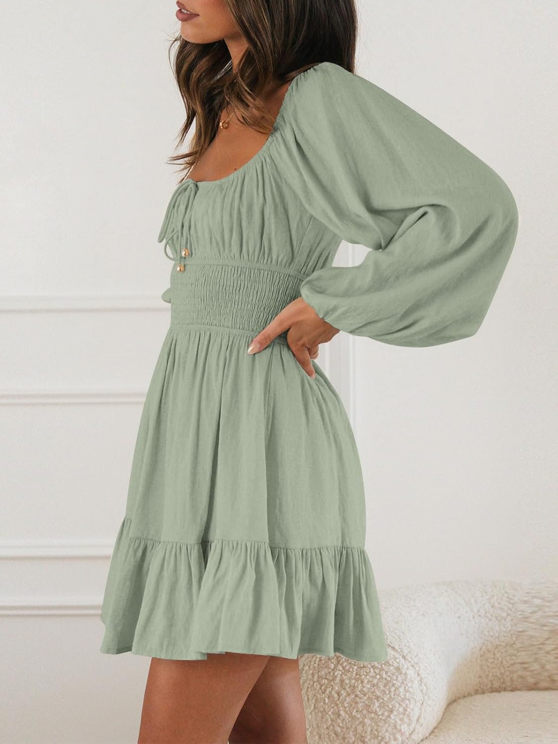 LILLUSORY Women's Long Sleeve Mini Cottagecore Dresses 2026 Fall Outfits Square Neck Casual Flowy Short Dress Fashion - Image 3