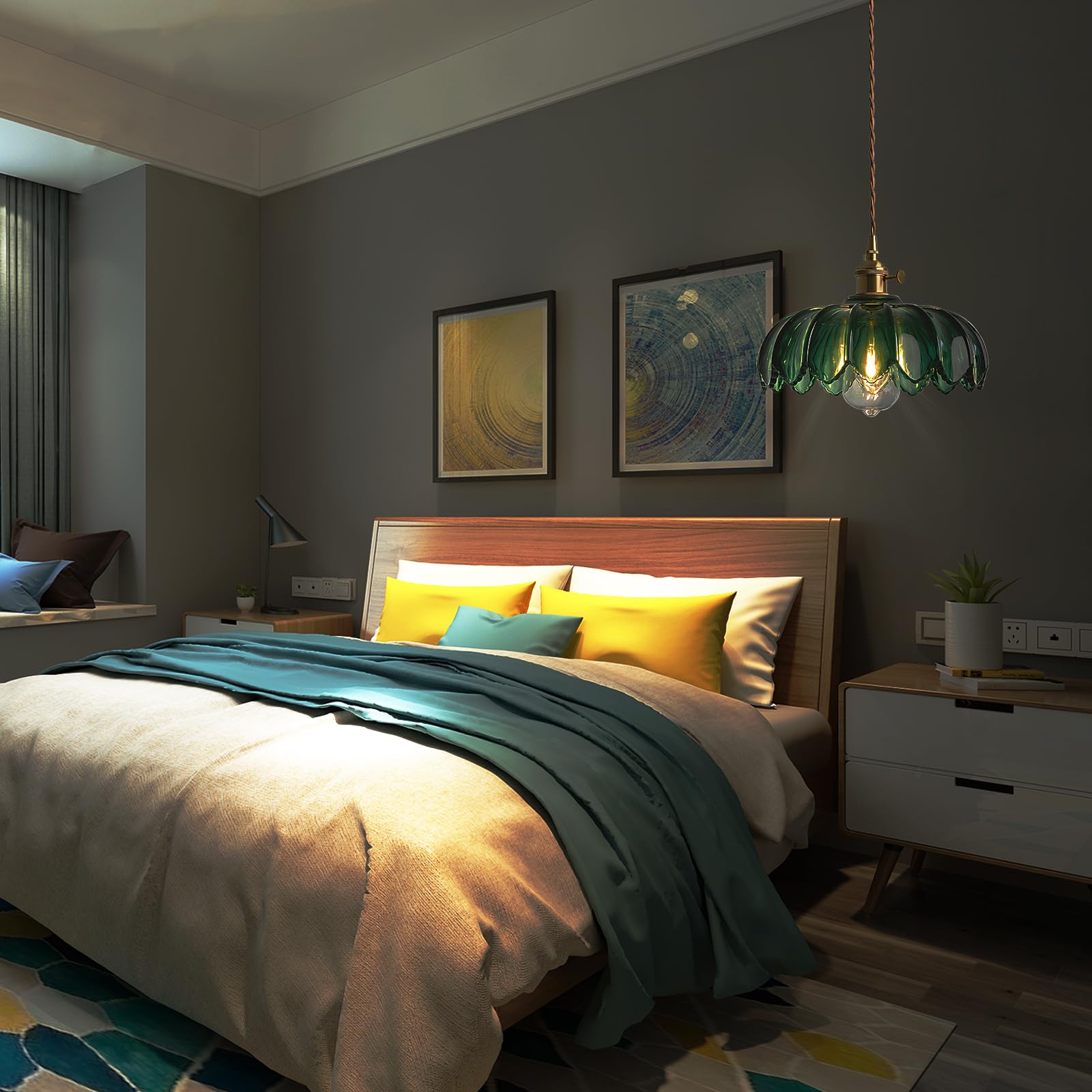 zhxinashu Lampada a Sospensione Verde Vetro, Lampadario Cucina Moderno | Lampada da Soffitto con Motivo Floreale in Vetro, Lampadina E27 Non Inclusa, Lampadario Verde per Camera da Letto e Soggiorno