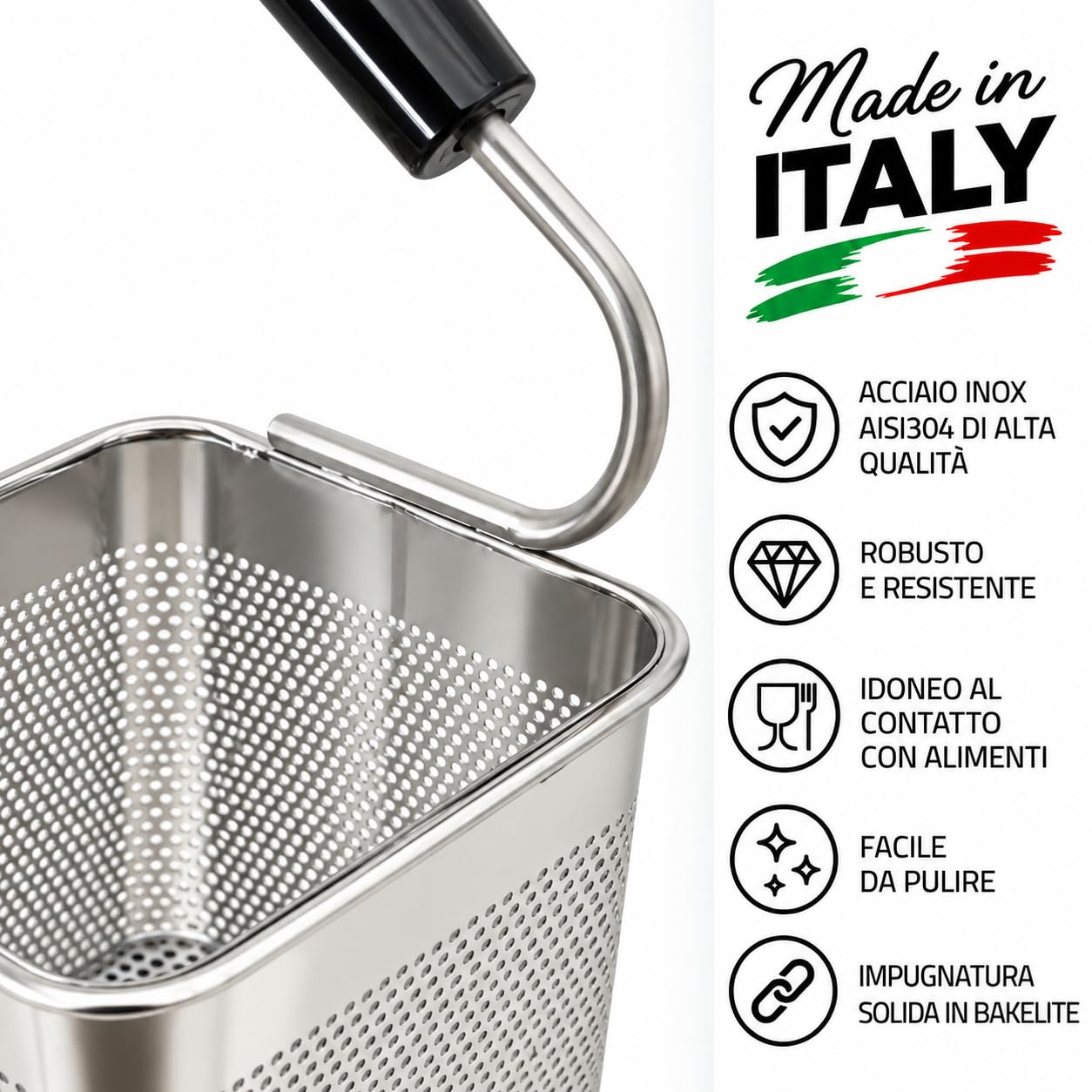 FBR0236 – Korb Made in Italy Professioneller Pastakocher 1/6 Einportion 140 x 140 x 125 H mm (Achtung überprüfen Sie die Maße) aus Edelstahl AISI 304, Kochkorb für Pasta, Edelstahl, eine Portion
