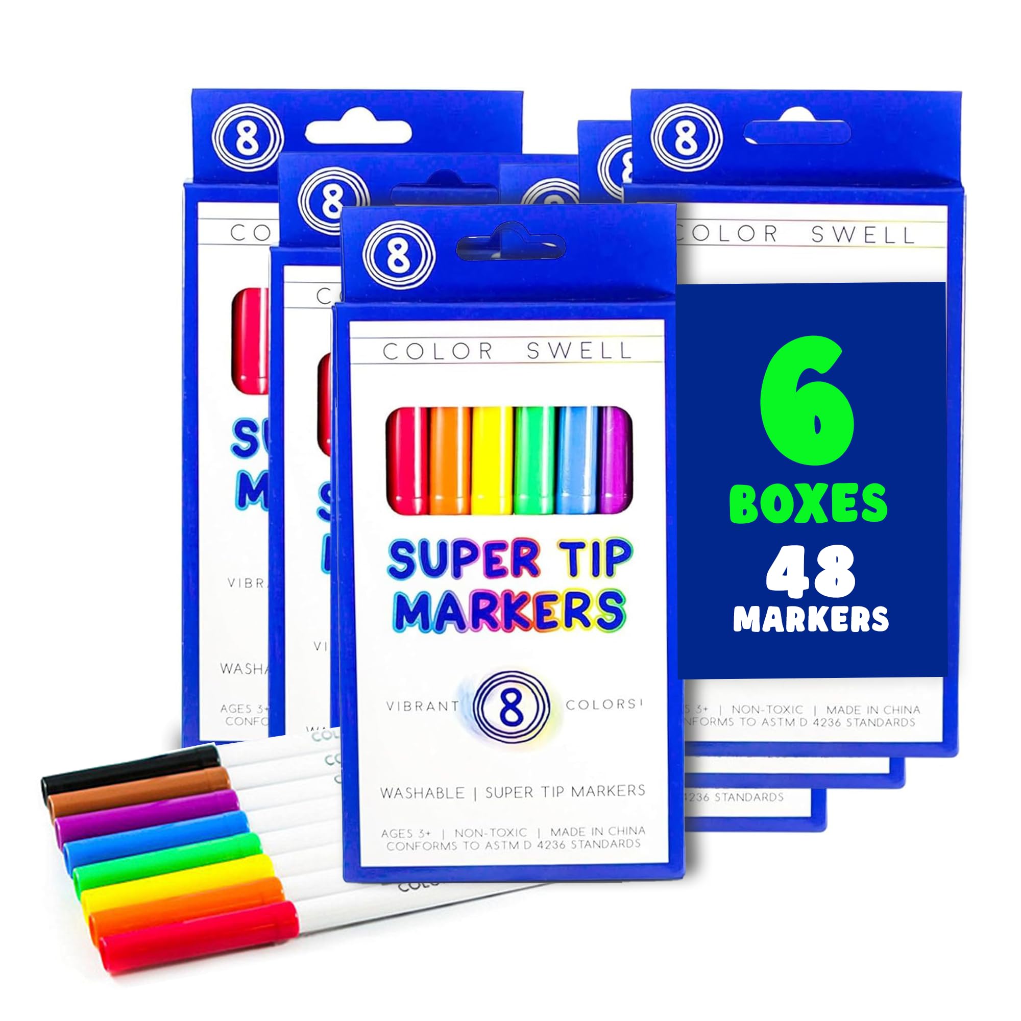 Color Swell Super Tip Markers 6 Boxes of 8 Washable Vibrant Colors (48 Total) Perfect Bulk Marker Pack for Kids, Parties, Classrooms