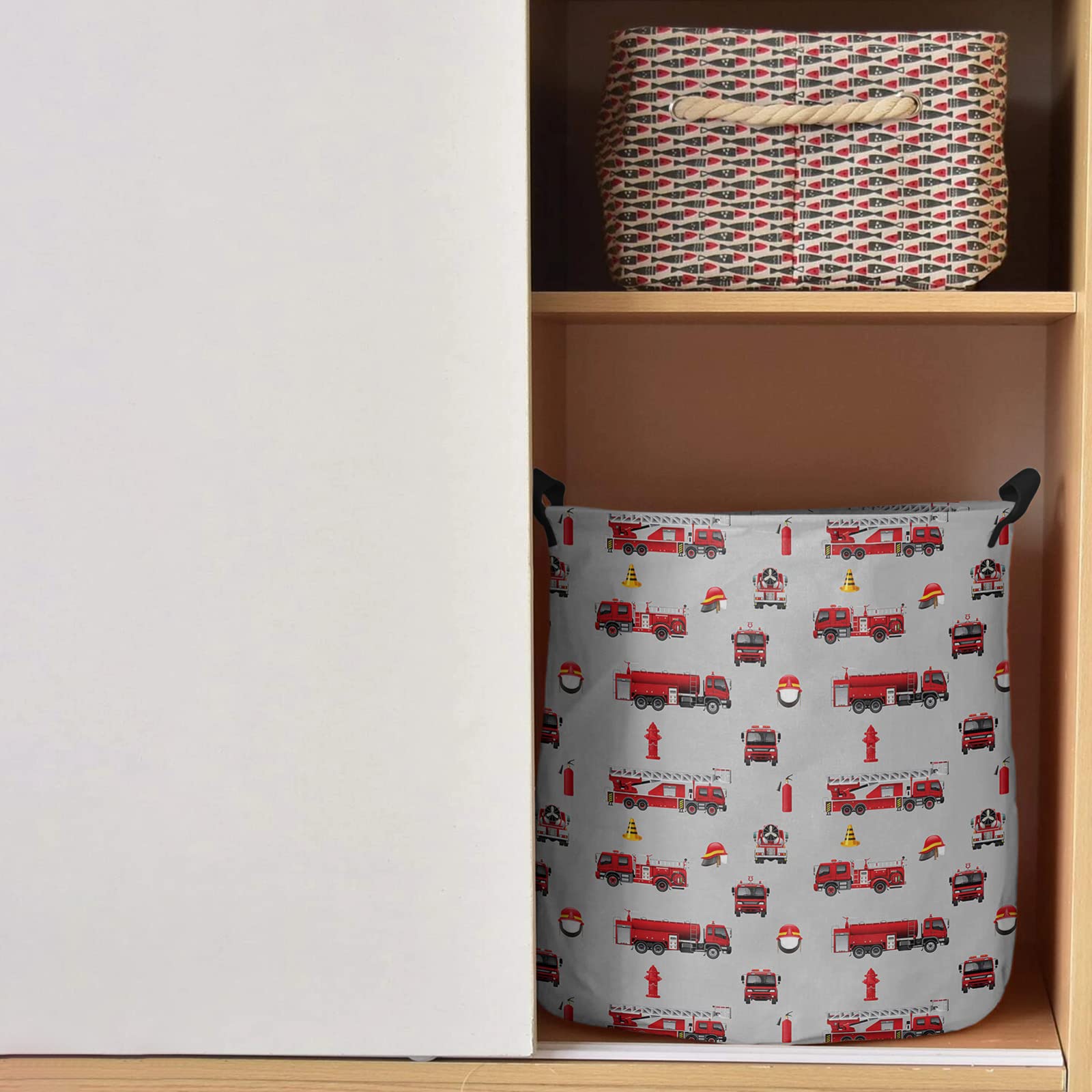 Fire Truck Cars Large Laundry Basket,Collapsible Bag with Easy Carry Handles,Educational Red Grey Cartoon Rescue Themed Waterproof Foldable Freestanding Hamper,Folding Washing Bin Clothes Storage