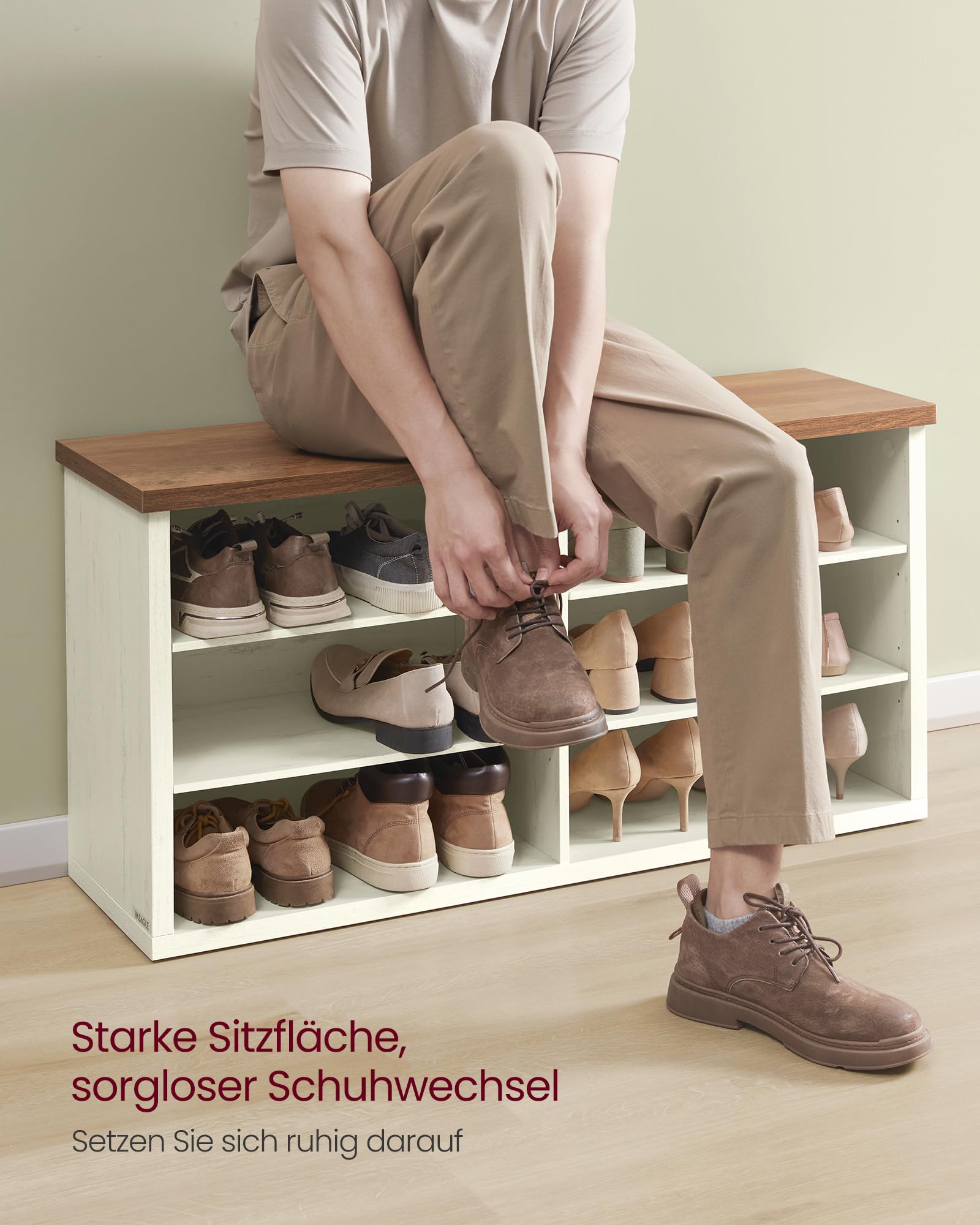 VASAGLE Schuhbank, Sitzbank mit Stauraum, Schuhregal 6 Fächer, verstellbare Ablagen, für Wohnzimmer, Flur, 29,5 x 100 x 50 cm, vintageweiß-honigbraun LSB036W02