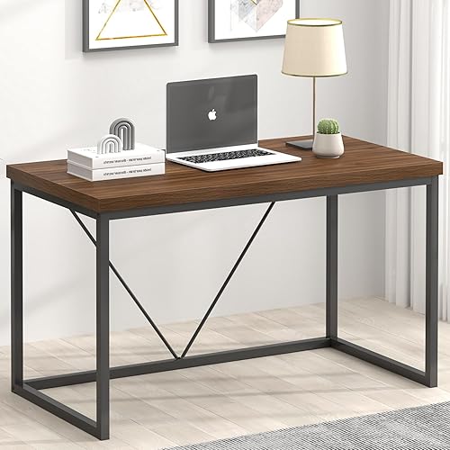 Miniatura 5 de FOLUBAN Escritorio de oficina moderno, escritorios de computadora de madera rústica y metal, mesa de escritura de estudio industrial, escritorio