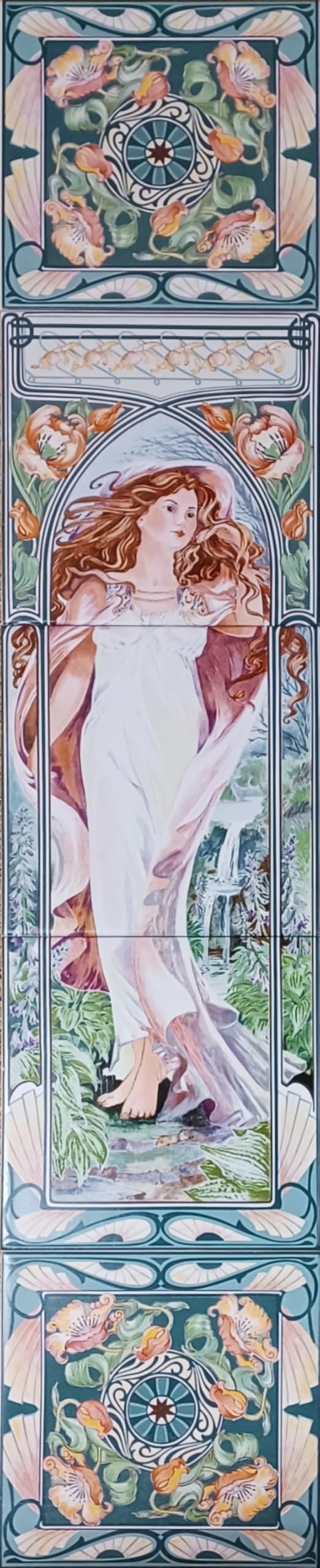 Rainbow Decors Melissa Whispers of the Waterfall Ceramic Tile Wall Mural 5 Tiles 6" Art Nouveau Style Decorative Fireplace Backsplash Hand Decorated in UK (Available Left or Right)