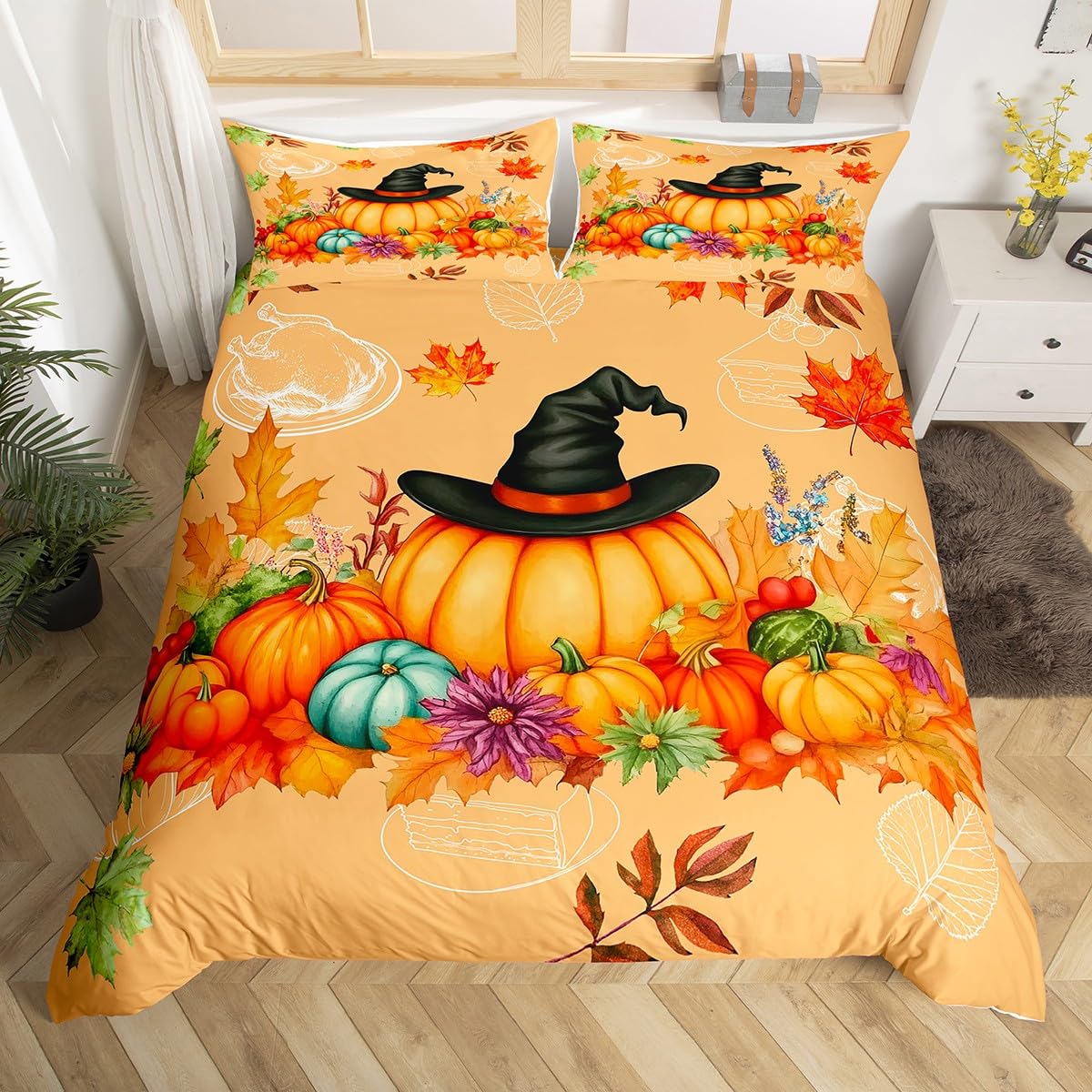 Fall Pumpinks Duvet Cover Toddler,Thanksgiving Day Fruits Leaves Comforter Cover with 1 Pillowcase,Orange Maple Leaves Bedding Set 2pcs for Kids Teens,Vintage Fall Themed Quilt Cover,Not Comforter