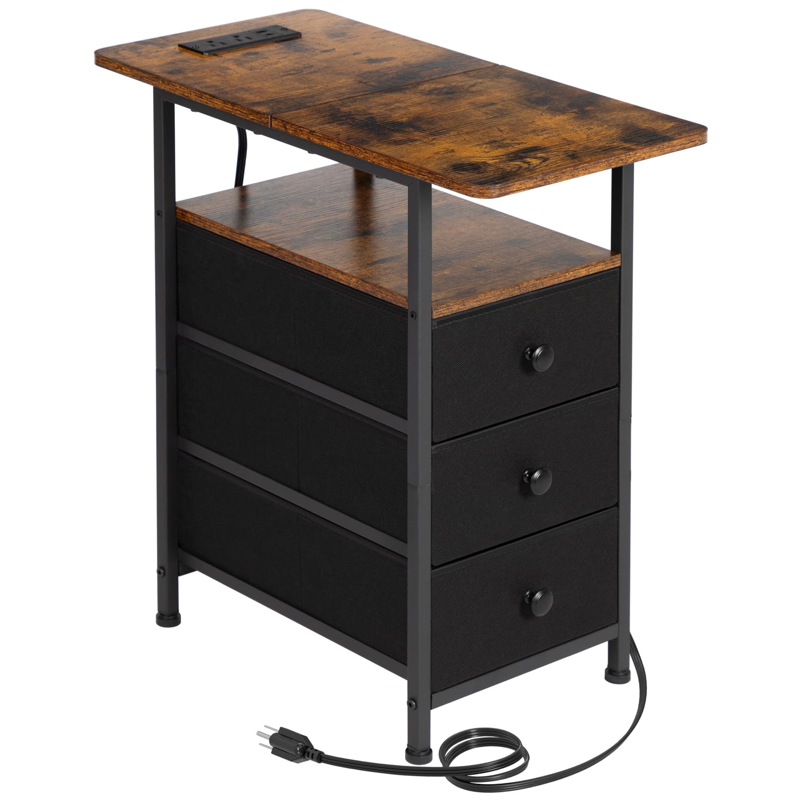 (Incomplete) AMHANCIBLE Narrow Side Table with Charging Station, Slim End Table with USB Ports and Outlets, Nightstand with 3 Fabric Drawers for Bedroom, Living Room, Small Space, Rustic Brown, HETN013BR-1