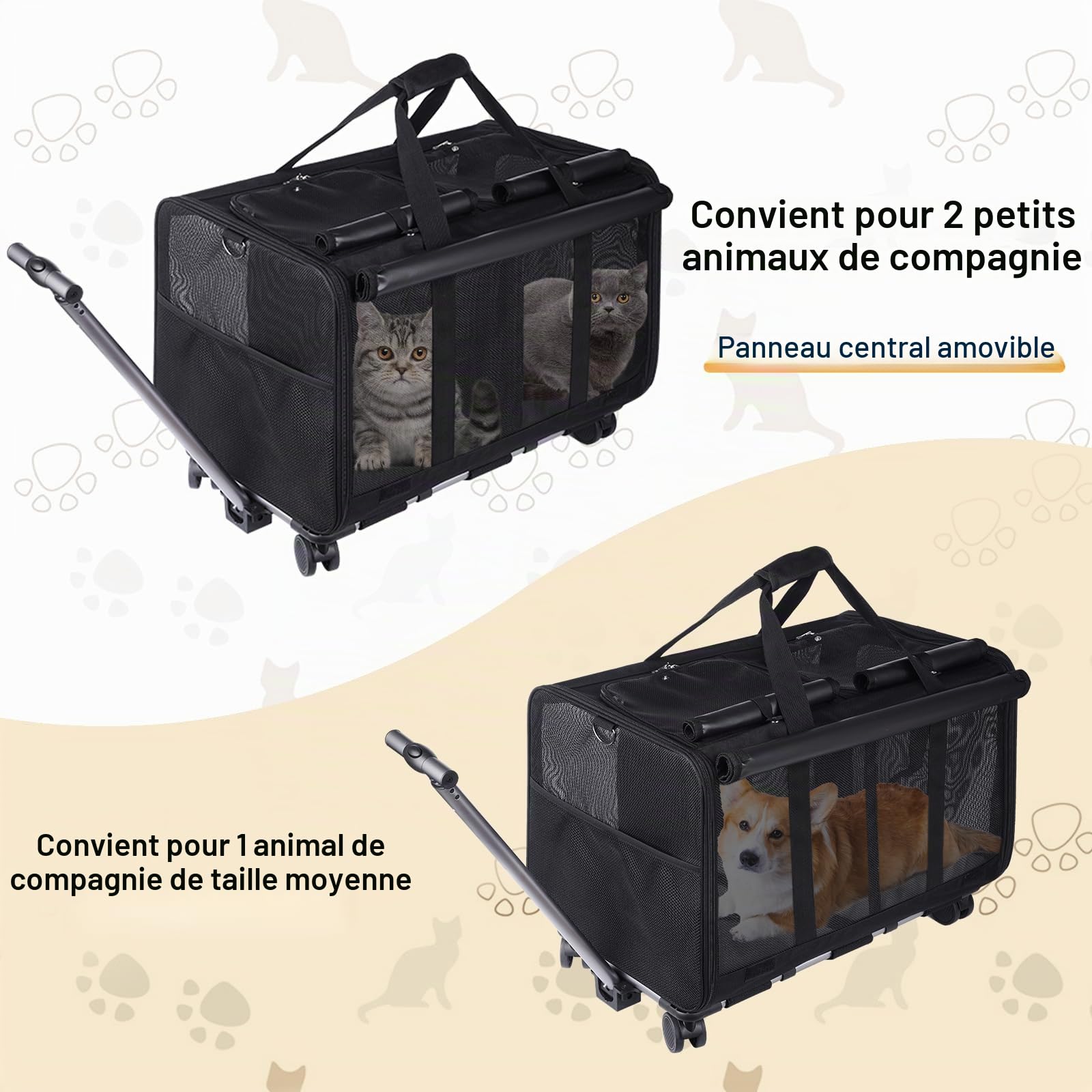 Sac de Transport Portable Double Compartiment pour Animaux à roulettes, Chariot de Voyage avec Poignée et Poches Rangement, Respirant et Confortable, avec Accessoires Bonus - Noir
