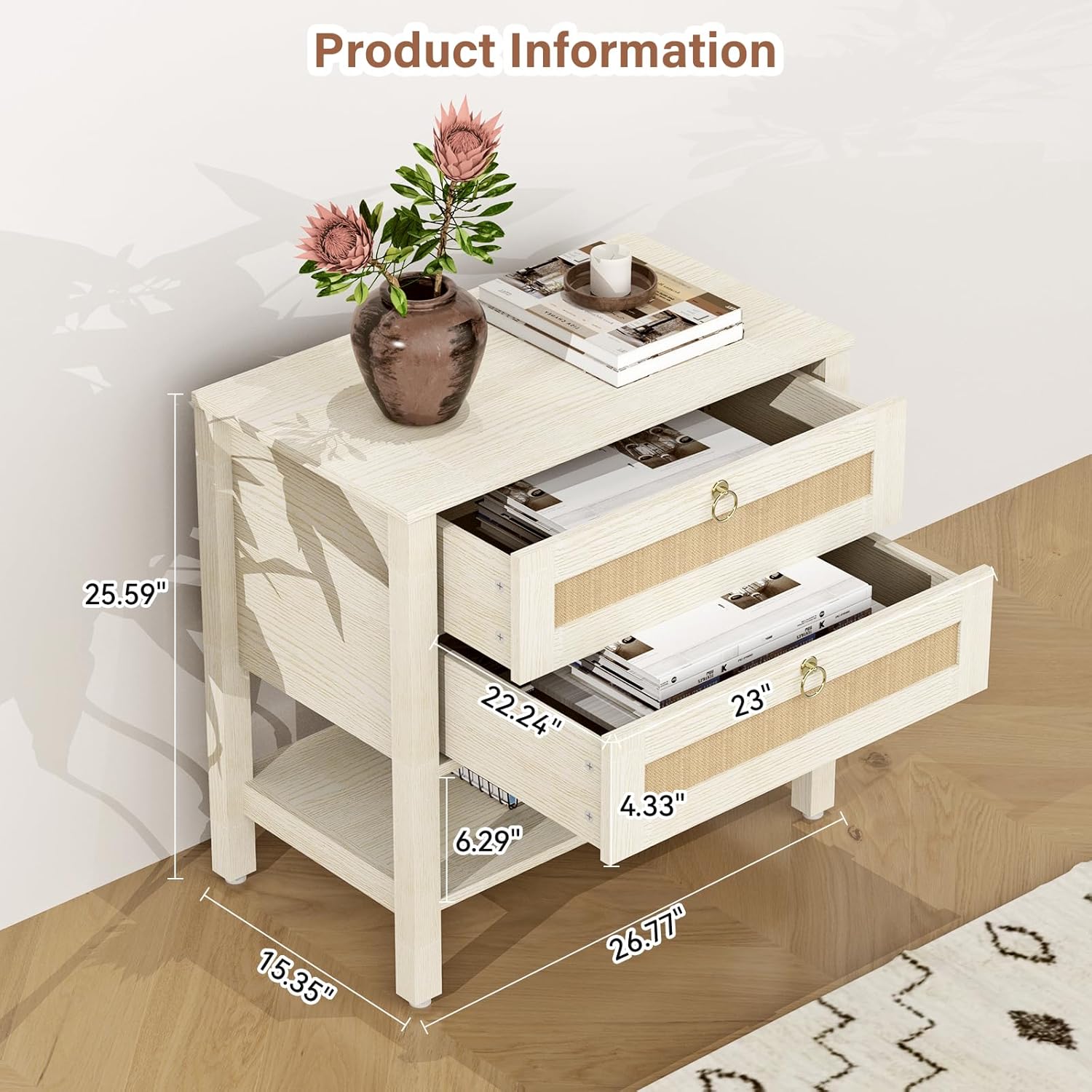 Night Stand with Drawers and Storage Shelf - Large Nightstands Rattan Decor Boho Bedside Table Narrow Side Table for Bedroom, Small Space