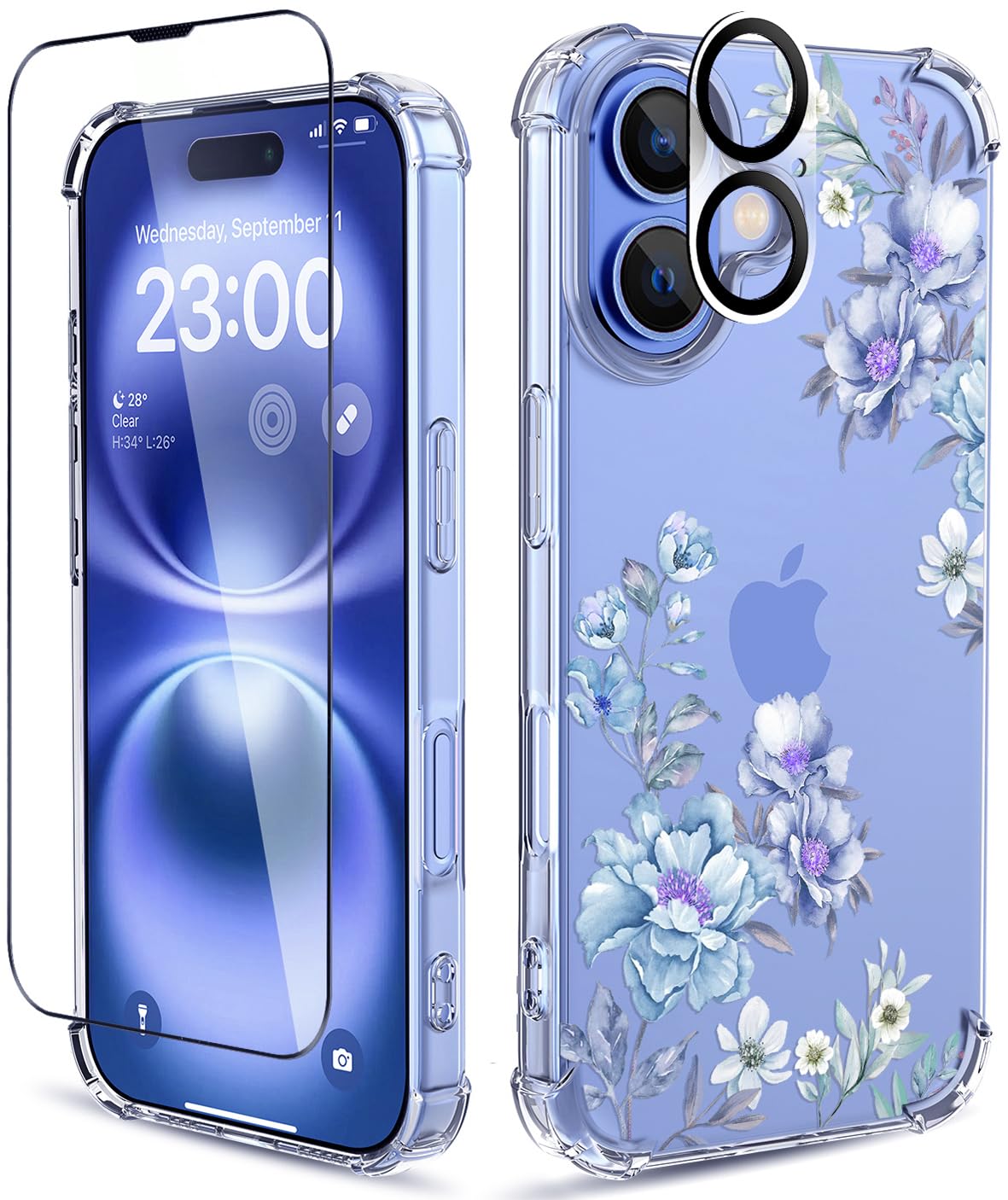 ilnehc for iPhone 16 Case,[3 in 1] with Screen Protector & Camera Lens Protector, Flower Pattern Design,Clear Soft Shockproof Slim Floral Phone Cover