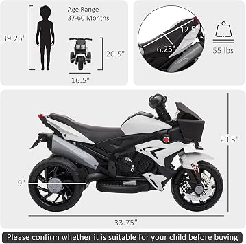 Aosom 6V Kids Motorcycle Toddler Ride-on Toy 3-Wheel Music Horn White