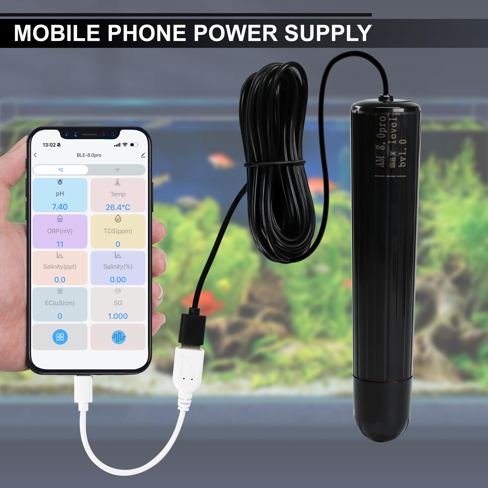 WiFi Wasserqualitätstester 7-in-1 Smart Water Quality Monitor Sonde Monitor pH/ORP/TDS/EC/Salzgehalt/SG/Temperatur für Aquarium, Aquarium, Aquarium, Hydrokultur, Aquakultur, Echtzeit-Datenüberwachung