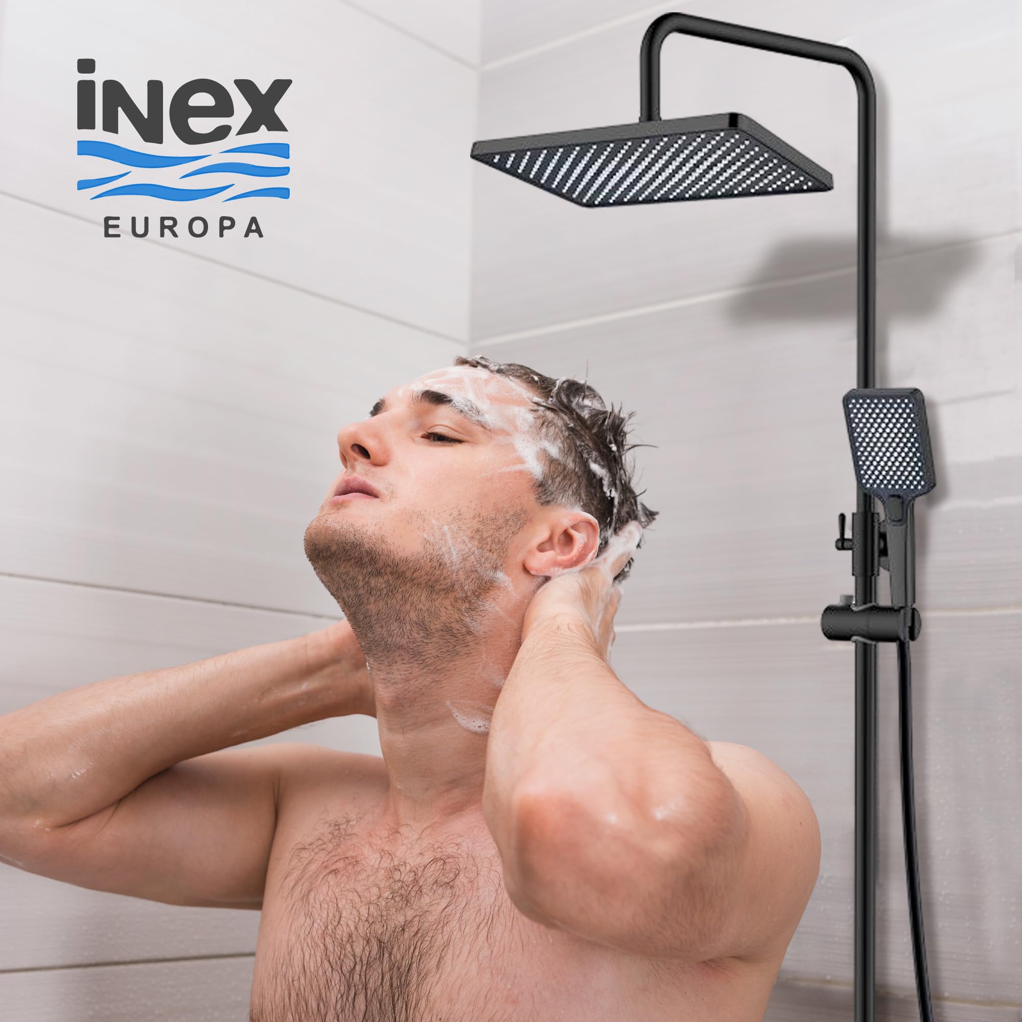 INEX EUROPA Termostatyczna kolumna prysznicowa, matowa, czarna, 2 tryby – kwadratowa głowica prysznicowa i ręczna – termostatyczny system prysznicowy z zaworem bezpieczeństwa i 10-letnią
