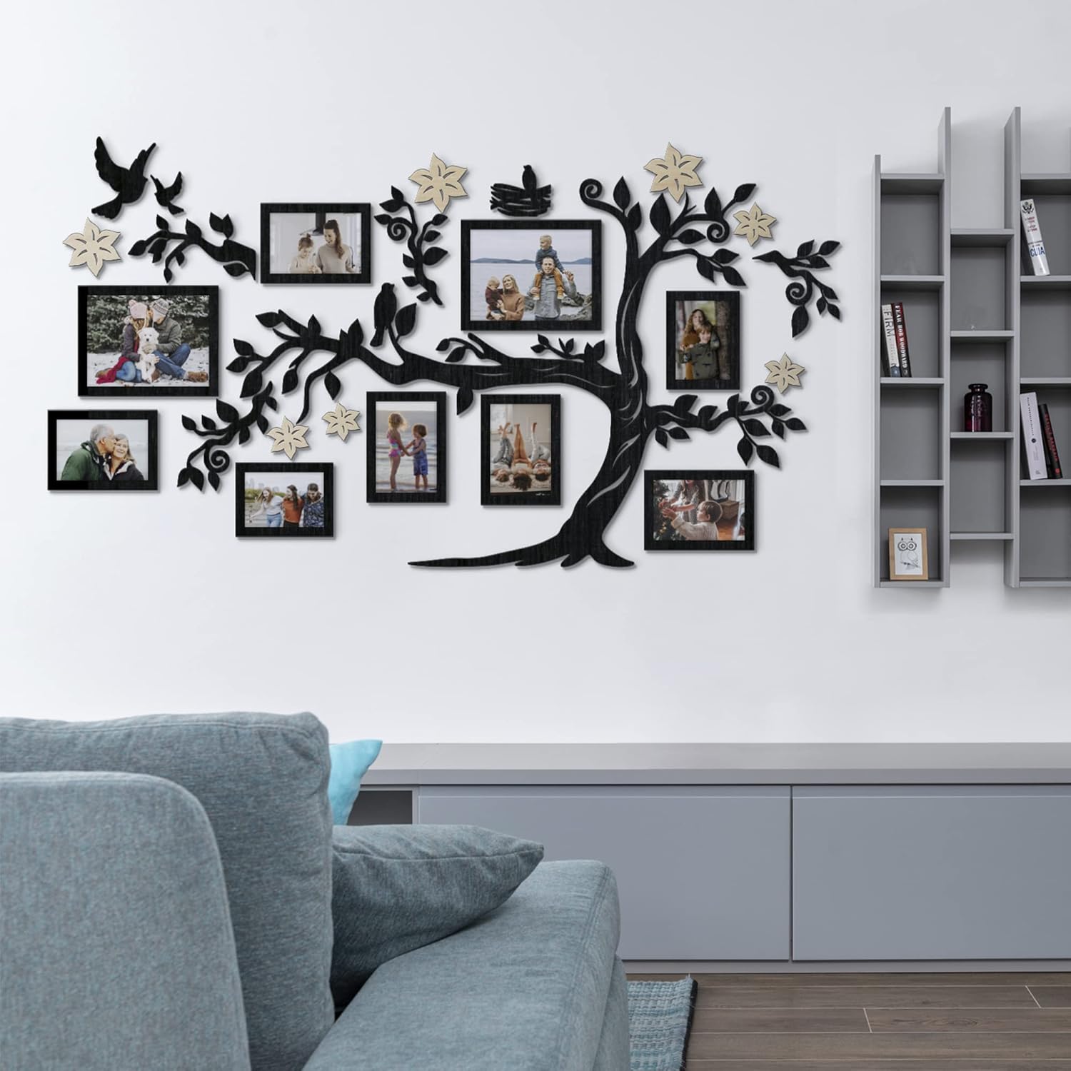 JustLikeWood Large Home Decor Wood Family Tree Wall Decal with Frame Pictures Standard Decoraciones para Salas de Casa Wall Art, Stickers for Living Room (L 59x33 Black)