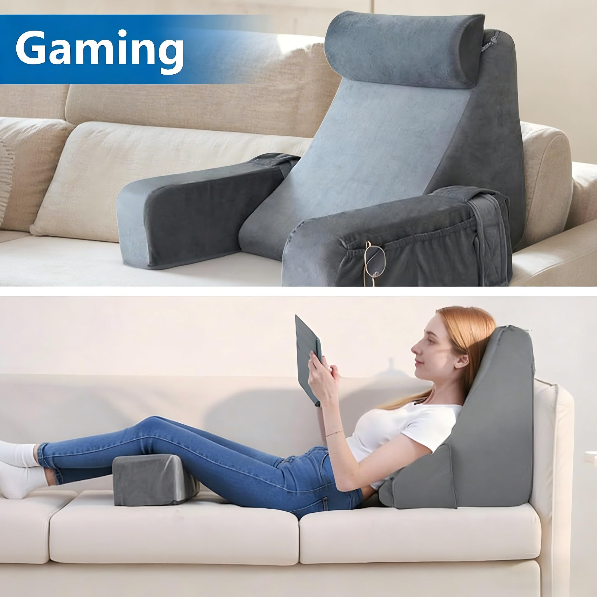 Poduszka do czytania na łóżko i sofę, poduszka pod plecy z podłokietnikami i poduszką pod głowę, ergonomiczny design 45°, poszewka nadająca się do prania, poduszka do siedzenia, oparcie na