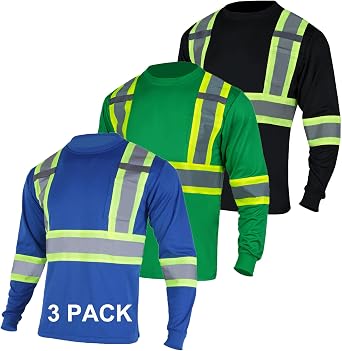 FONIRRA High Visibility Shirts for Men 3 Pack Reflective ANSI Class Hi Vis Safety Construction Work T Shirt Long Sleeves