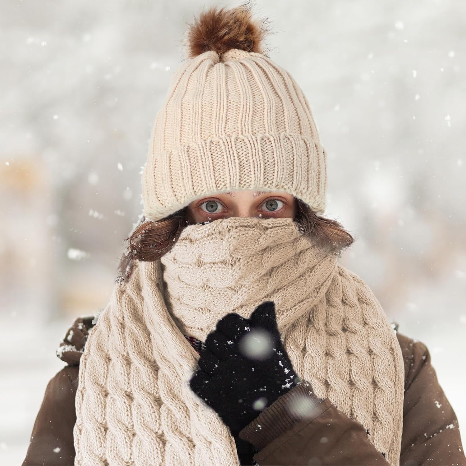 Suhine 8 Pcs Winter Hat Scarf Gloves Earmuff Set Knit Beanie Pompom Hat Warm Touch Screen Gloves for Women Men Adult - Image 5