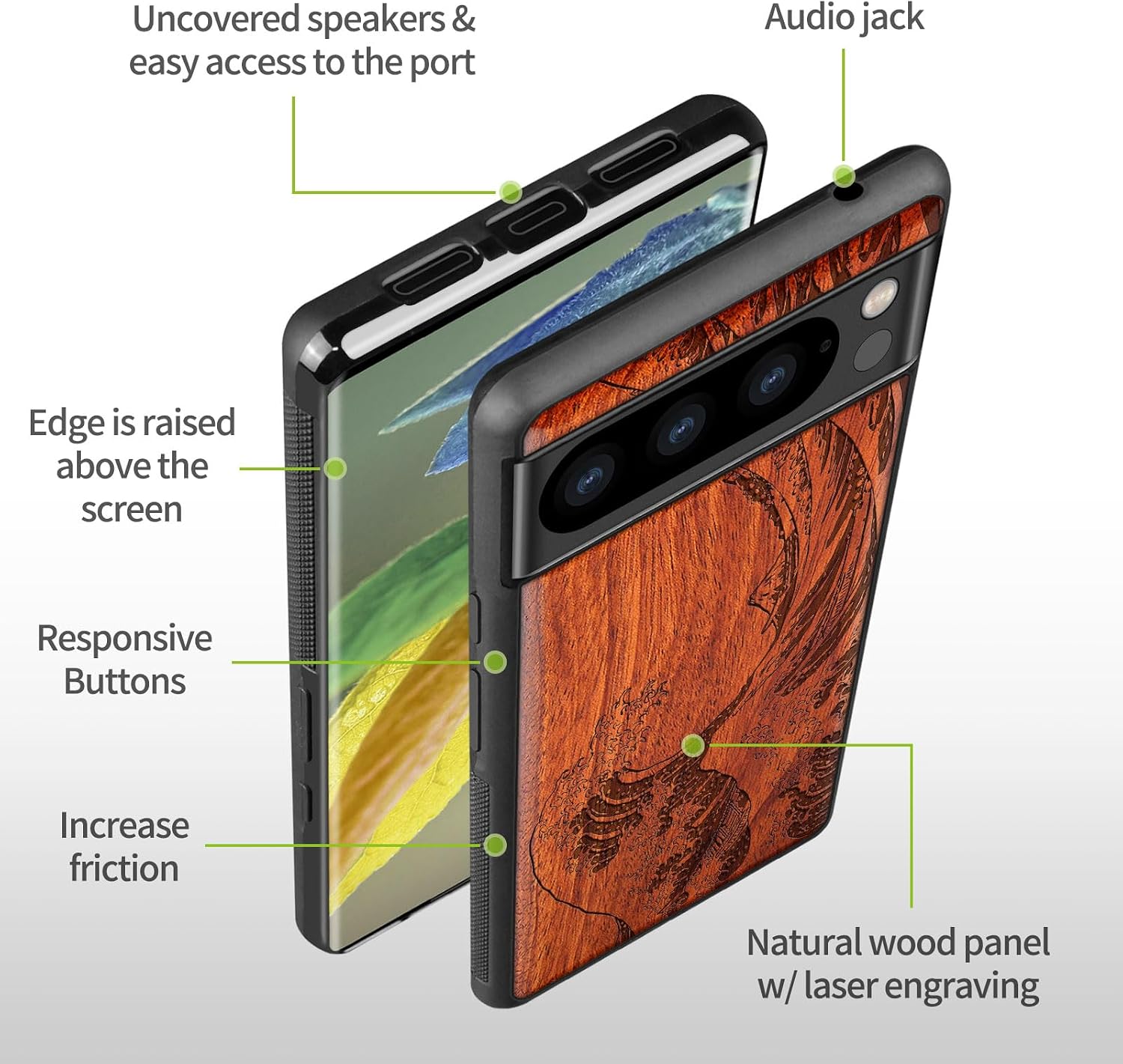 Carveit Wood Case for Pixel 8 Pro Case [Natural Wood & Black Soft TPU] Shockproof Protective Unique Wooden Cover Compatible with Google Pixel 8 Pro (Sea Wave-Rosy)