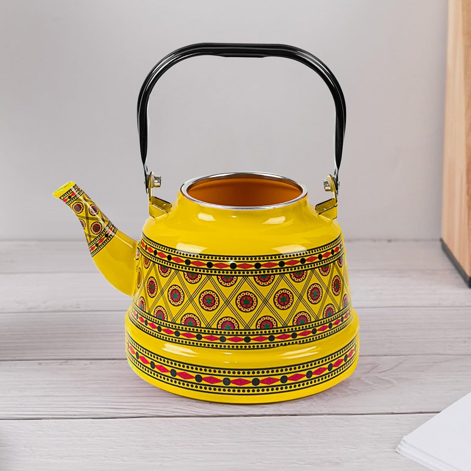 1.1L Arab style Vintage Tea Kettle,Enamel Tea Kettle with Handle,Enameled Teapot Stovetop,Hot Water Kettle for Home Kitchen Decor, No Whistling (Yellow)