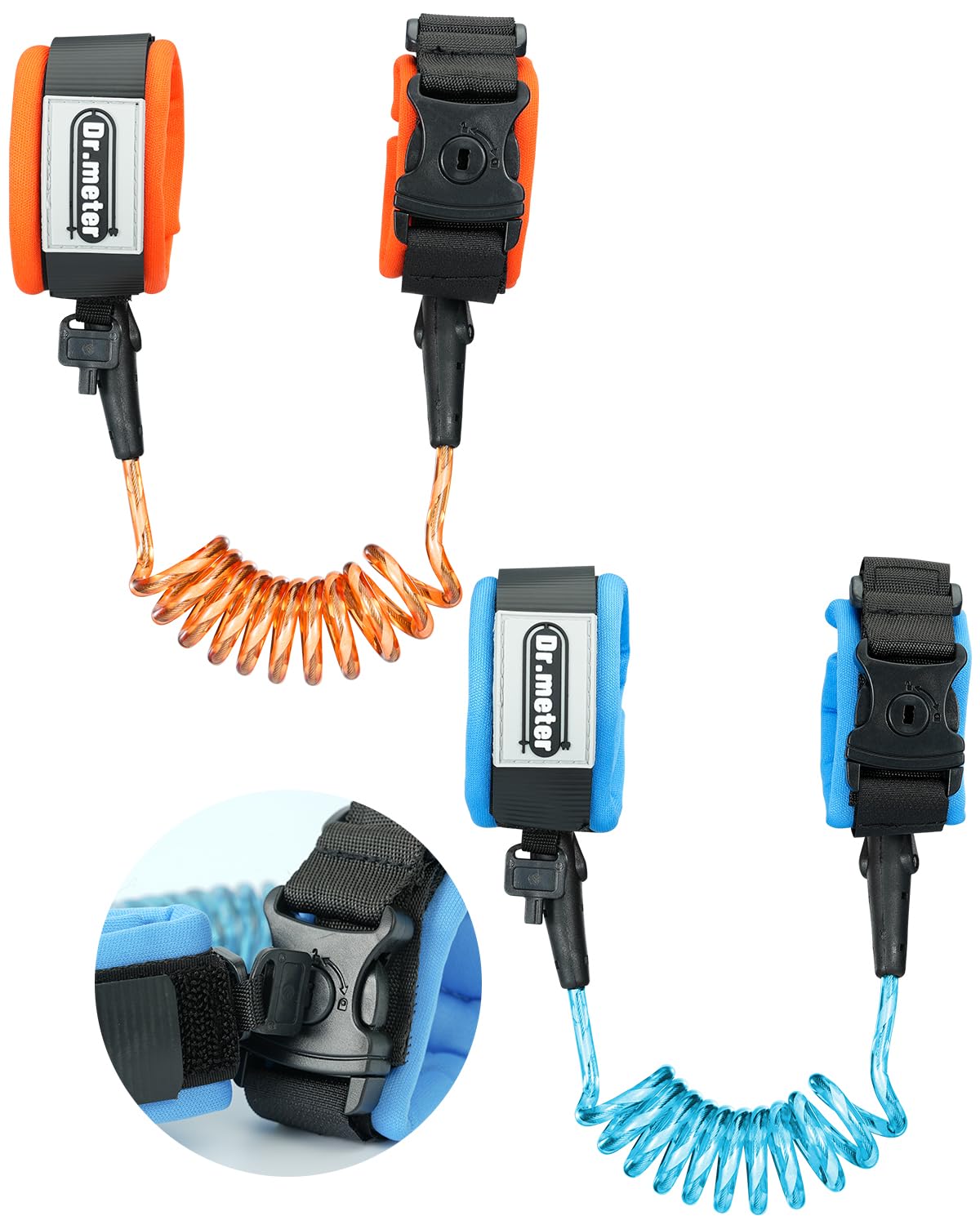 Dr.meter 2PCS Bracelet Sécurité Enfant, 1,2m Laisse Enfant avec Verrouillage par Clé Réfléchissant Anti-Lost Wristband Bracelet Parent Enfant Sécurité Rotation à 360 °(Bleu + Orange)
