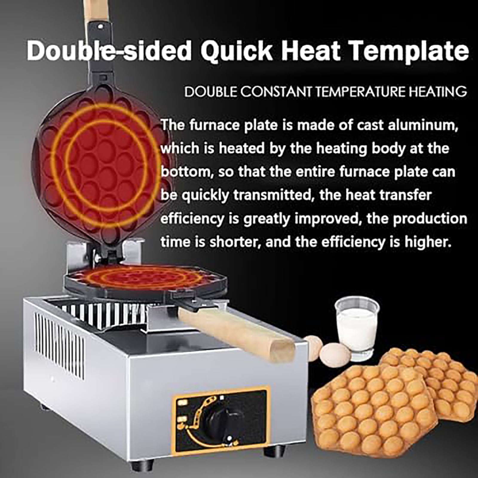 Máquina para hacer conos de gofre, calentamiento rápido de doble cara, revestimiento antiadherente, mango de madera resistente al calor, uso comercial