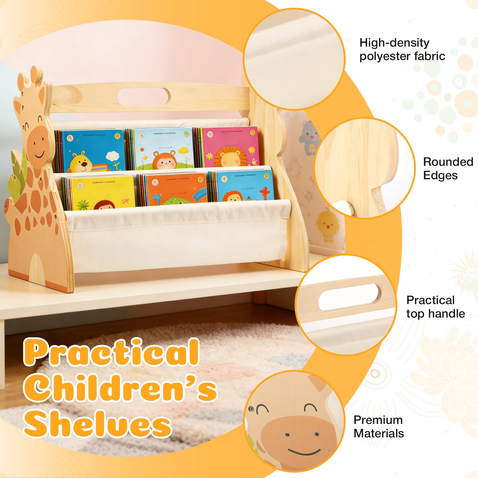 Kids Bookshelf Double Sided 4 Tier Portable Wood Toddler Montessori Book Shelf for Kid Room Nursery Bedroom Playroom - 4
