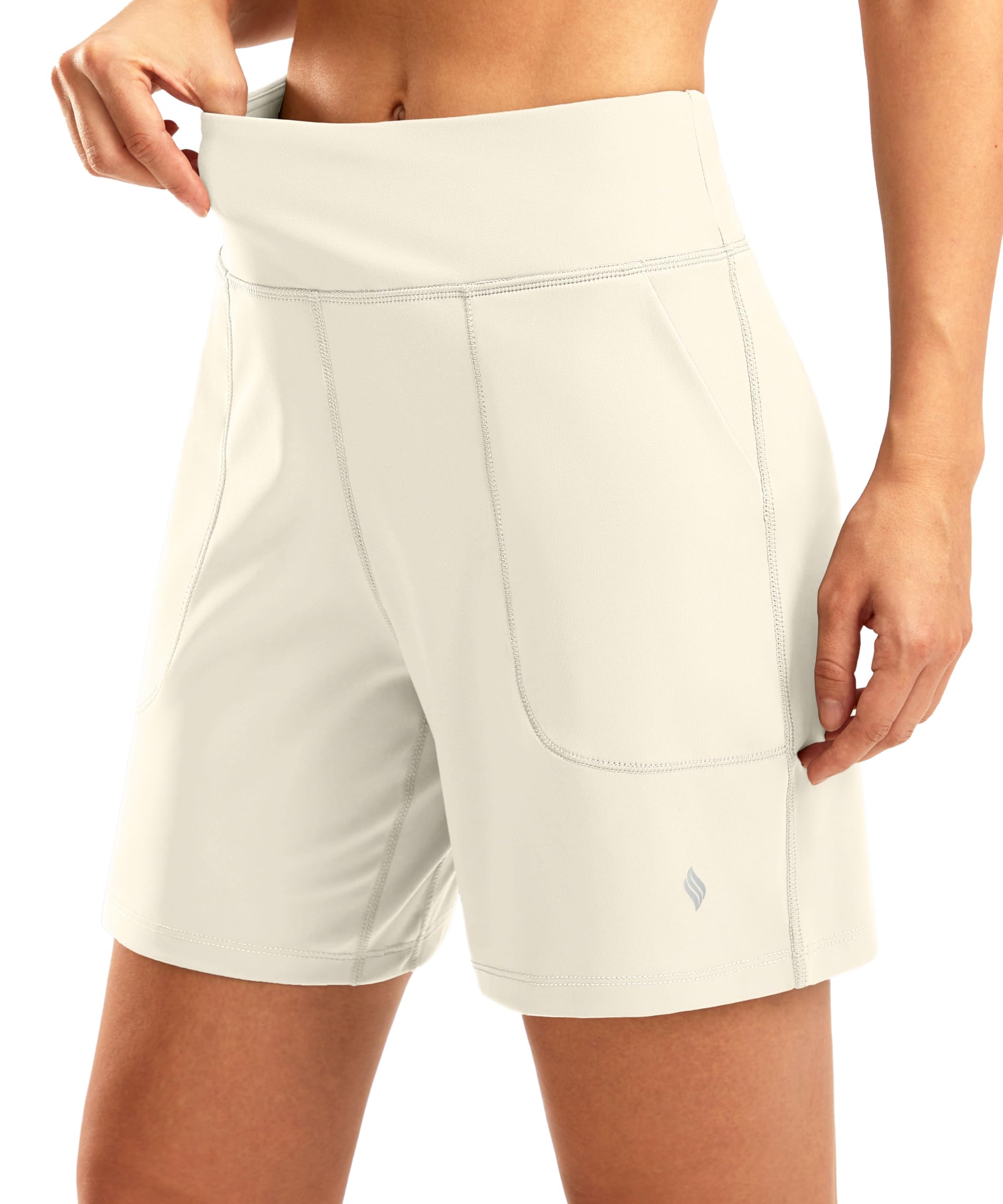 SANTINY Short long athlétique pour femme de 15,2 cm avec 4 poches – Bermuda taille haute pour la marche, la course à pied