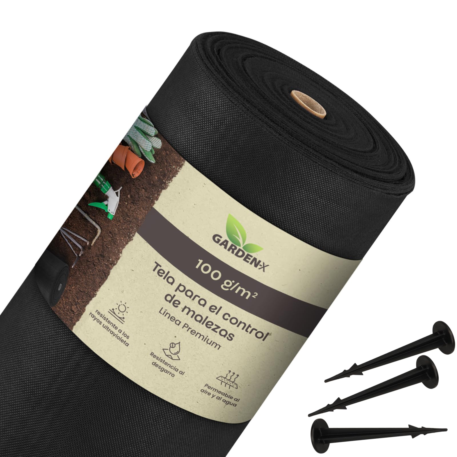 GARDENIX 100 m² de Fieltro para Malas Hierbas con 100 Anclajes de Tierra 1 m x 100 m – Permeable al Agua 100 g/m² – Negro Resistente a los Rayos UV lámina de vellón para jardinería