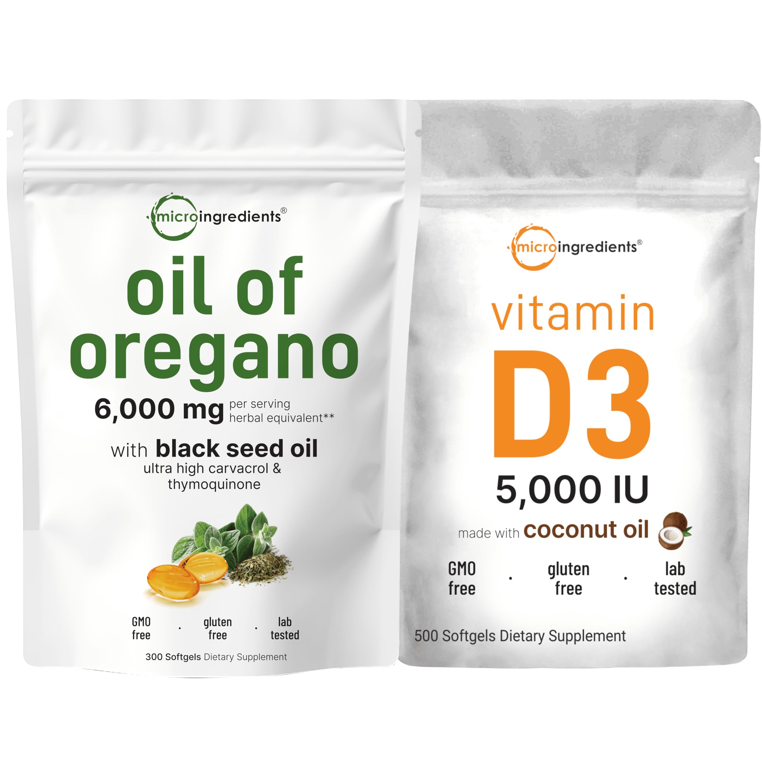 Micro Ingredients Oil of Oregano Softgels 6,000mg Per Serving & Vitamin D3 5,000 IU Bundle Pack | 4X Strength Carvacrol & Thymoquinon | Vitamin D as Cholecalciferol