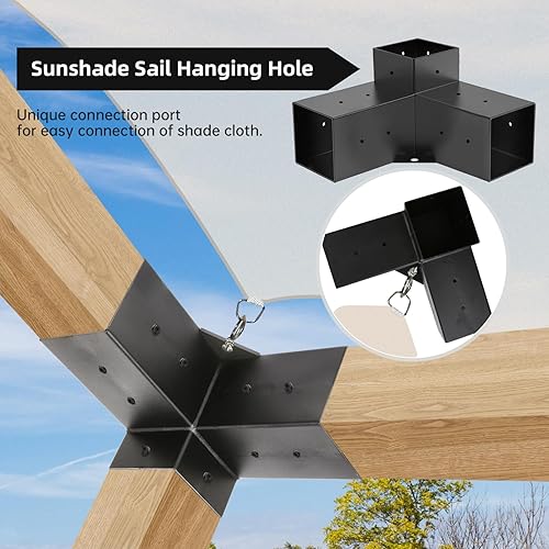 Miniatura 6 de Grehitk Kit de pérgola, soportes para pérgola de 3 vías de ángulo recto, soporte de esquina para carpintería, kit de base de poste de bricolaje,