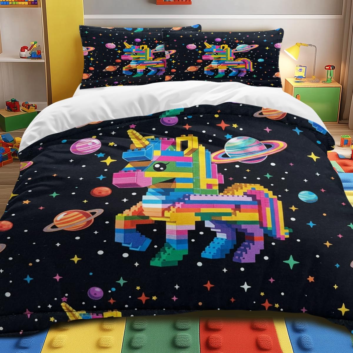 Pixel Unicorn Galaxy Duvet Cover Single Size for Kids Gamer Bedroom, Rainbow Space Planets Microfiber Bedding Set with Zipper Closure & Corner Ties, Soft Lightweight Video Game Style Bed Decor