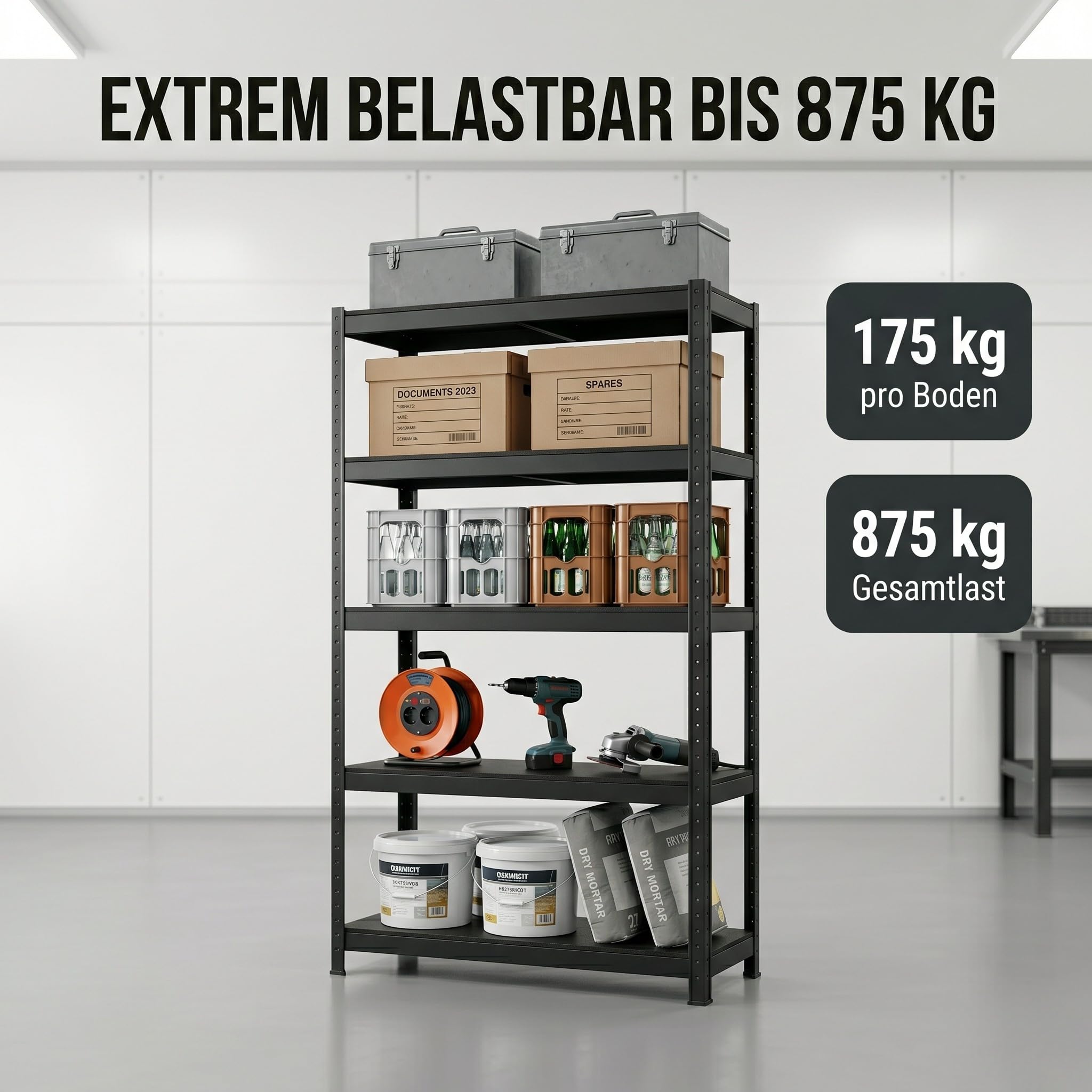 ALBATROS SR2B Premium Schwerlastregal Schwarz 2er Set – 875 kg belastbar, wasserfest, Matte laminierte Böden, 5 verstellbare Ebenen, teilbares Steckregal 180x90x40 cm, Stahlregal inkl. 2 Haken