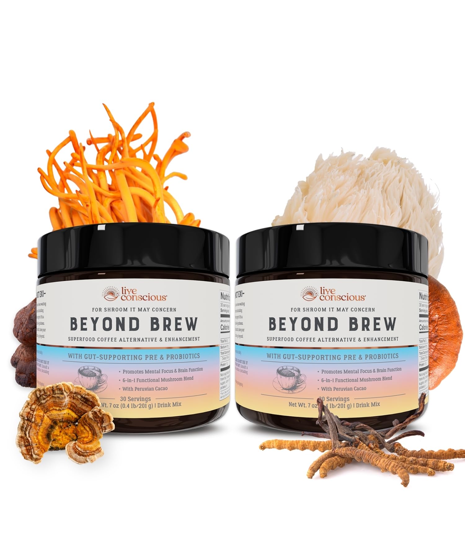 Live Conscious Beyond Brew - Superfood Coffee Alternative - Low Caffeine - Lion’s Mane, Reishi, Cordyceps & Chaga for Sustained Focus, Energy & Immunity - w/ Prebiotics & Probiotics Supports Gut Health 6 oz (2-Pack)