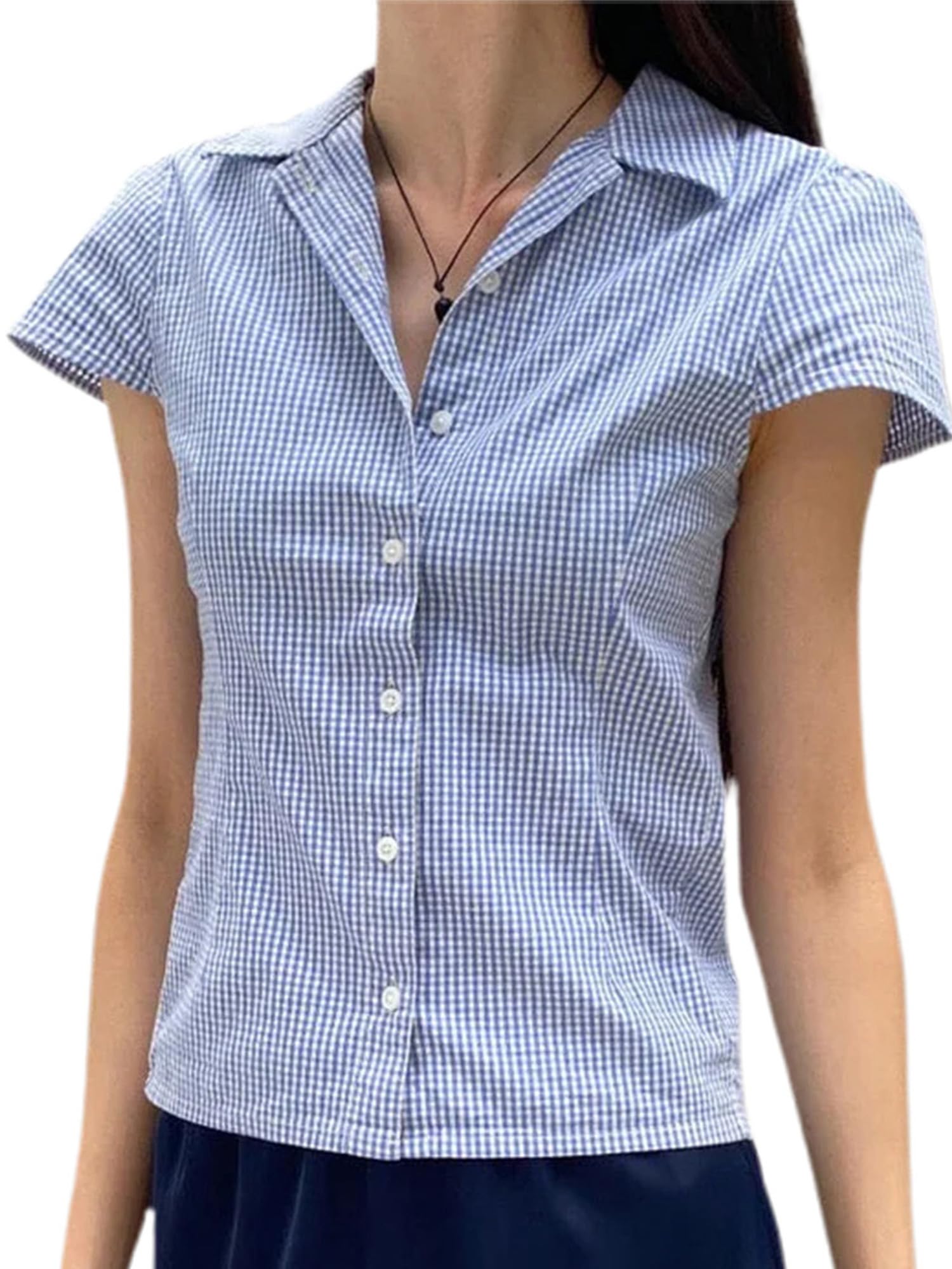 Women Y2K Button Down V-Neck Shirt Tee Summer Slim Lapel Collar Peplum Short Sleeve Plaid Crop Tops Streetwear (C Sky Blue, S)