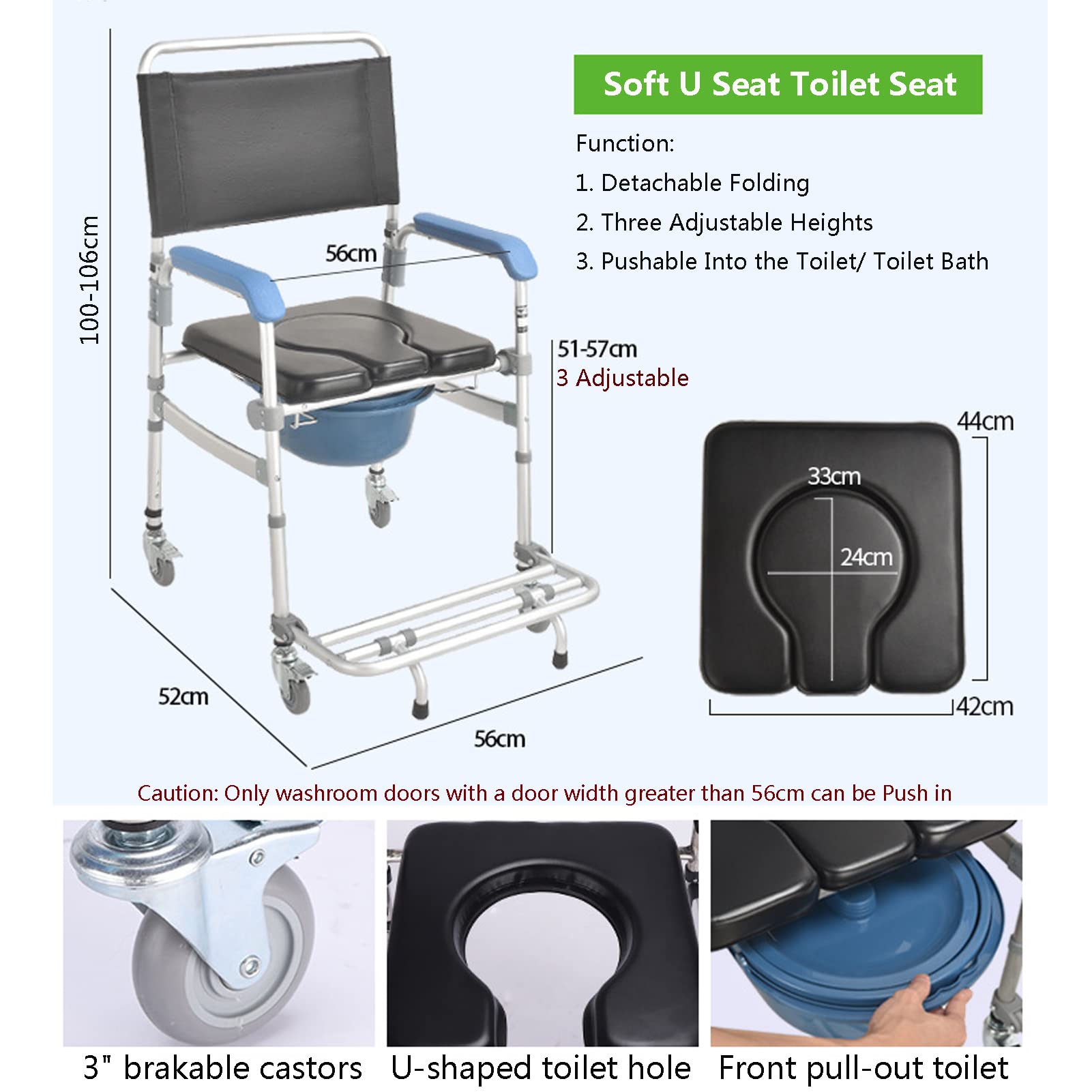 Sedia da Doccia Mobile 4 in 1 con Bloccaggi, Sedia A Rotelle Comoda, Sedia da Doccia Girevole con Altezza Regolabile E Braccioli 51-57 Cm, Carico Massimo 150 Kg/330 Libbre/Nero