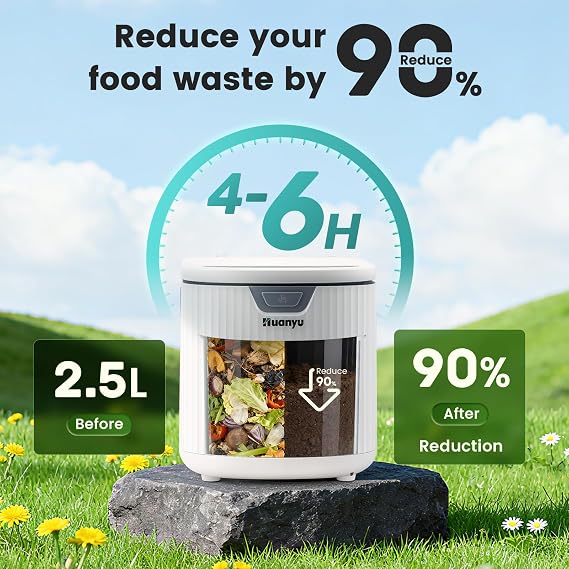 Huanyu Electric Kitchen Compost Bin 2.5L Electric Composter for Kitchen Odorless Indoor Food Recycler with Auto Cleaning Function Low Noise Composter Indoor Electric