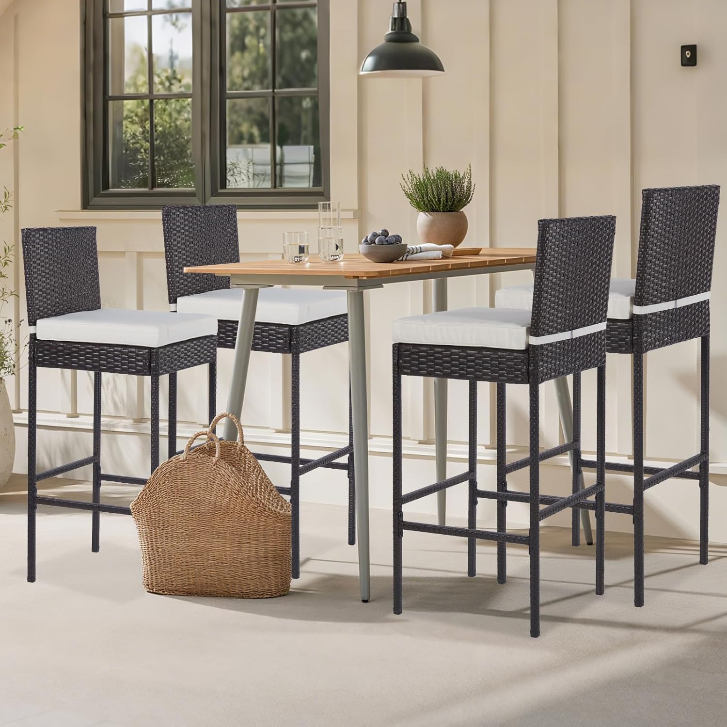 Dkelincs 30 Inch Outdoor Bar Stools Set of 2 All-Weather Patio Furniture Counter High Chairs with Backs Footrest Armrest & Thick Cushion,Black