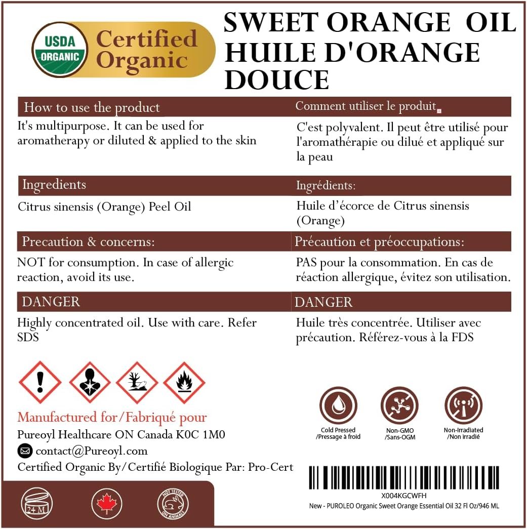 PUROLEO Organic Certified USDA Sweet Orange Essential Oil 32 Fl Oz/946 ML (Packed in Canada) – 100% Pure & Natural, Therapeutic Grade, Uplifting Citrus Aroma for Aromatherapy, Diffuser, Massage