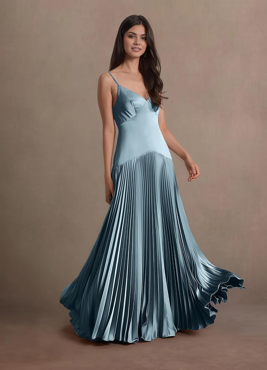 Satin Spaghetti Straps Bridesmaid Dresses for Women A-line Ruched Long Formal Evening Gown - Image 3