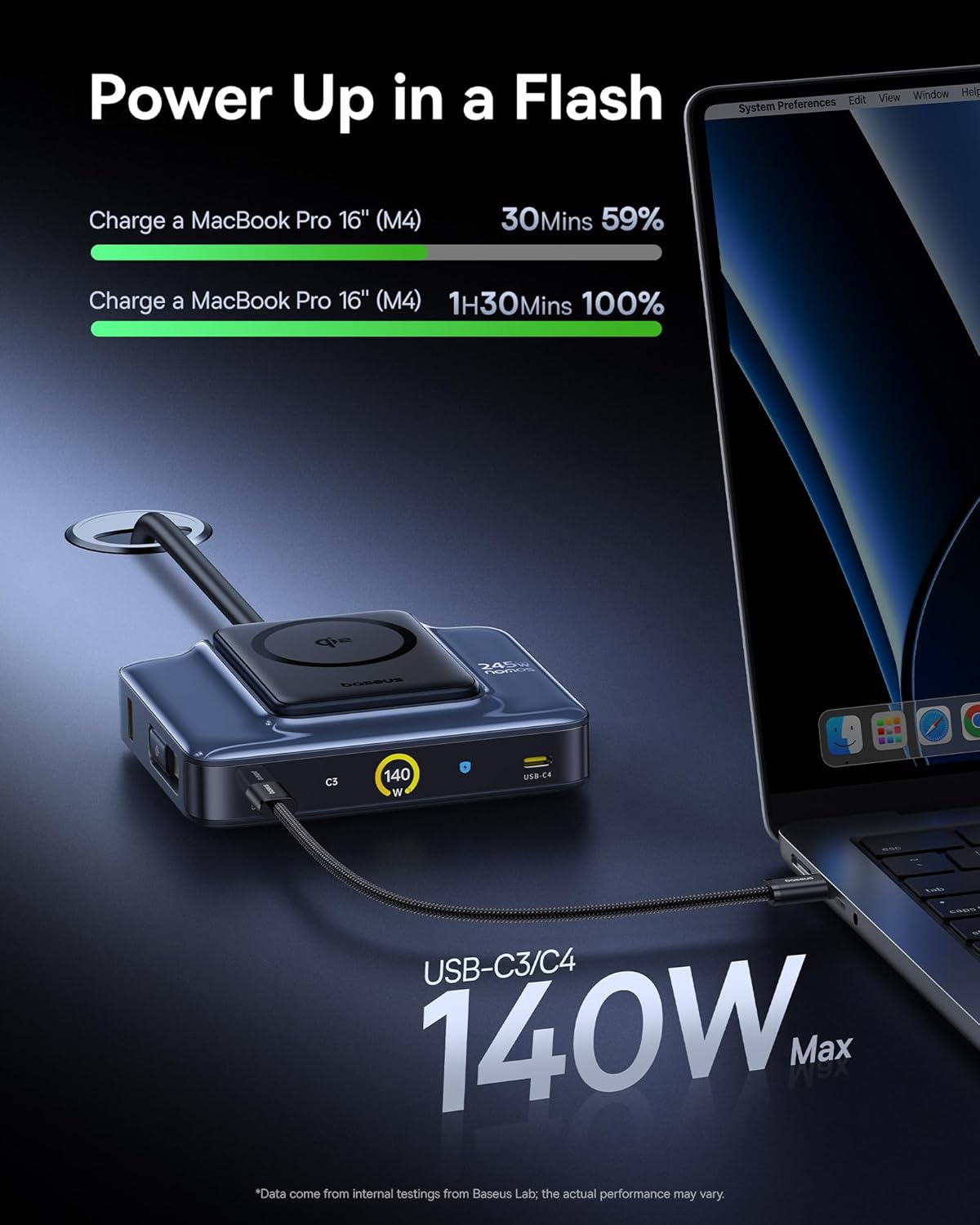 Baseus Nomos 245W Charging Station fast charging a MacBook Pro 16 inch