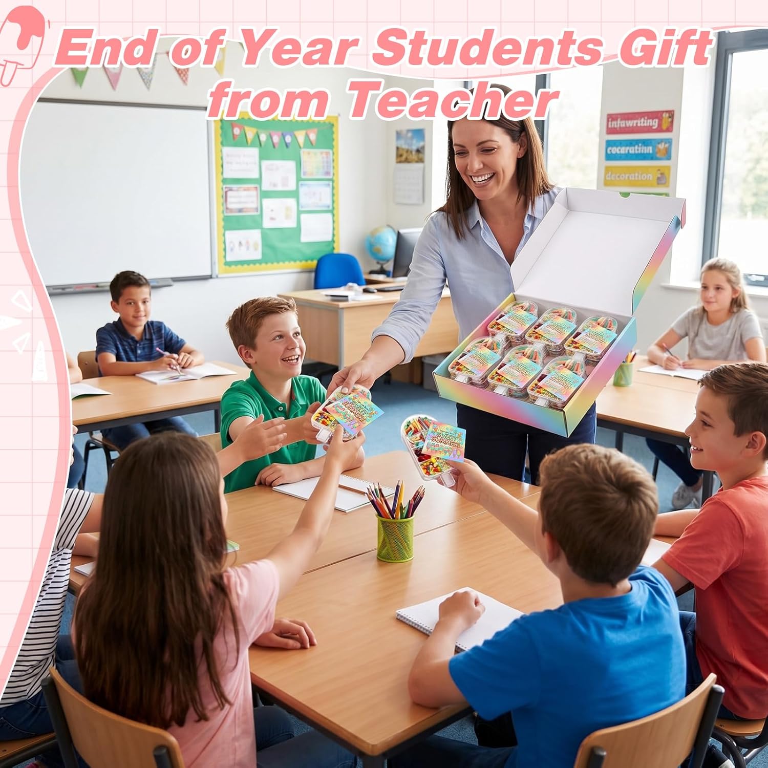 Teyva Daily 24 Sets End of School Year Student Gifts Bulk Clear Ice Cream Shape Boxes with Cards and Gold Ribbons Ice Cream Party Favors Candy Container Graduation Gift Set for Birthday Wedding